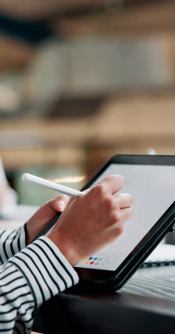 Tablet, hands and business person with pen for meeting minutes, schedule and secretary writing notes. Digital technology, closeup and app for info, summary and agenda for discussion memo at startup