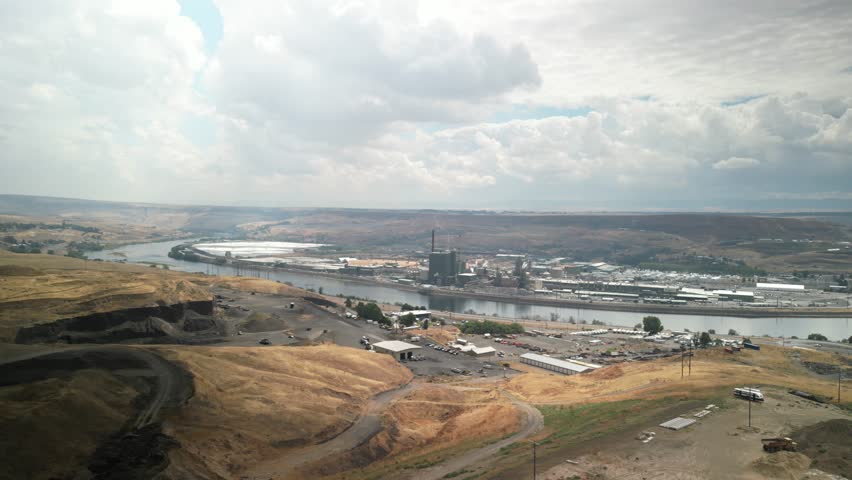 Aerial of industrial plants along Clearwater river in Lewiston Idaho