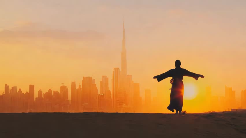 Woman rised her arms on the Dubai city background with on sunset. Timelapse video of Dubai city