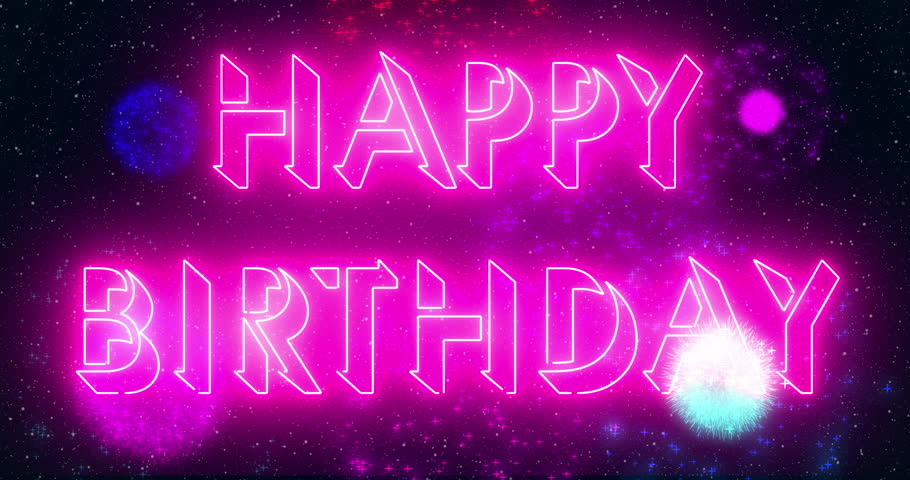 4K Happy Birthday text cool fireworks animation. 4K Happy Birthday text background. Neon-colored Happy Birthday text for banner, social media, and greeting card.Technology video material animation.