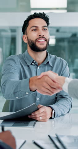Handshake, documents and business man in office for contract, agreement and partnership. Corporate, insurance company and person with team shaking hands for networking, collaboration and thank you