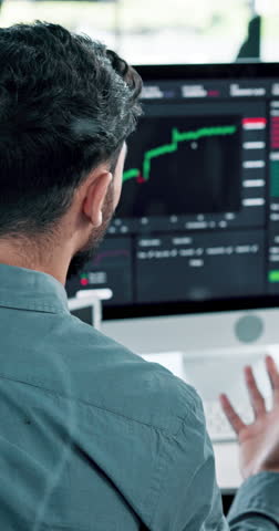 Computer, finance and business people with statistics in office for stock market, fintech trading and cryptocurrency. Corporate, company and men with chart, graph and profit for financial growth