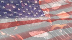 Grilling burgers and vegetables, animation over American flag background. Barbecue, food, cookout, Fourth of July, independence, celebration - Powered by Shutterstock - Get 15% off with code: PIKWIZARD15