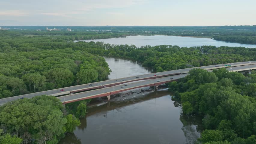 4K Rotating East Aerial View Of 169 Bridge Over Minnesota River Savage MN