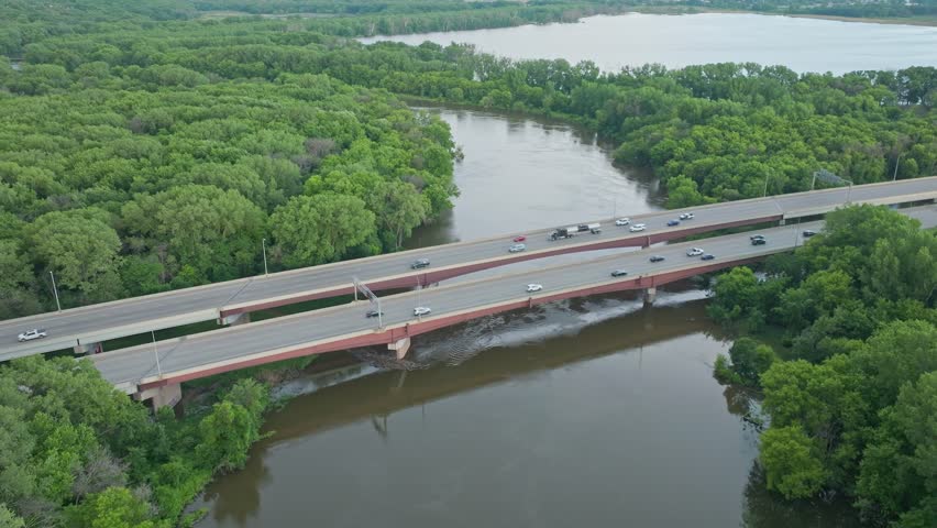 4K Reverse East Aerial View Of 169 Bridge Over Minnesota River Savage MN
