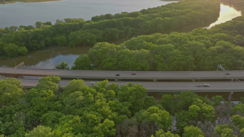 4K Downward Side Scrolling Drone Shot Of 169 Bridge Across Minnesota River