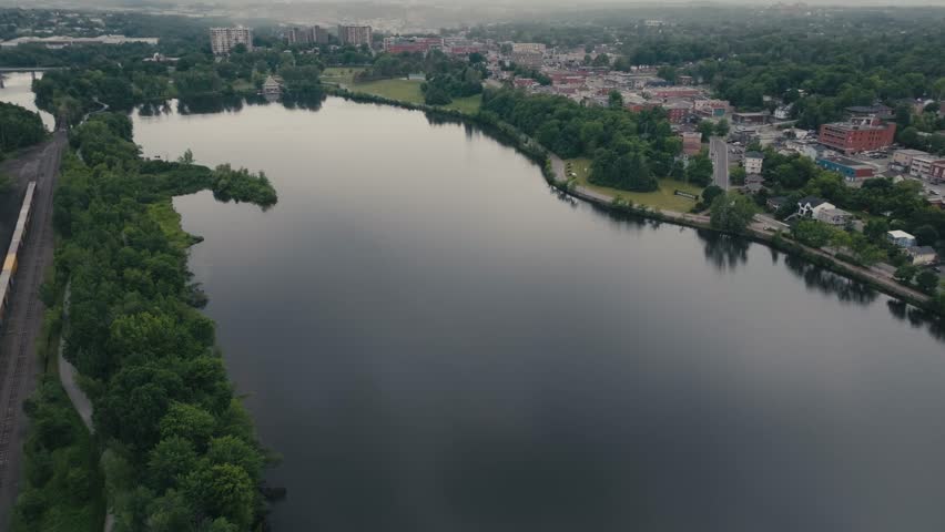 Tranquil Scenery Of River In Sherbrooke City In Canada - Aerial Drone Shot