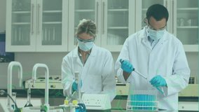 Animation of data processing and chemical formula over diverse scientists working in lab. Global science, computing and digital interface concept digitally generated video. - Powered by Shutterstock - Get 15% off with code: PIKWIZARD15