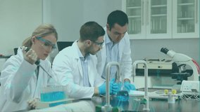 Animation of data processing and chemical formula over diverse scientists working in lab. Global science, computing and digital interface concept digitally generated video. - Powered by Shutterstock - Get 15% off with code: PIKWIZARD15