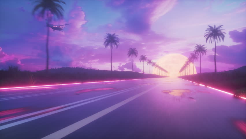 This Stock Motion Video shows a SynthWave Style Background of Landscape with Palm Trees and Endless Road