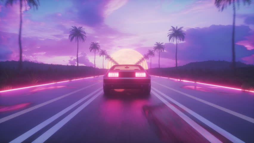This Stock Motion Video shows a SynthWave Style Background of Landscape with Palm Trees and Riding Car Loop
