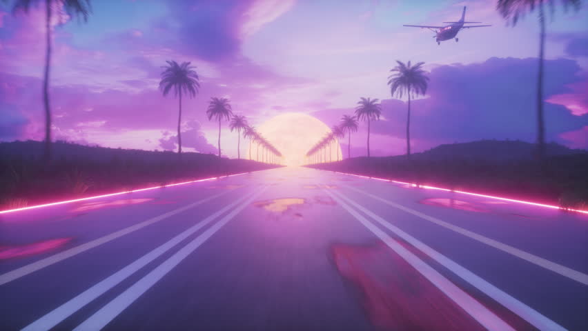 This Stock Motion Video shows a SynthWave Style Background of Landscape with Palm Trees and Endless Road