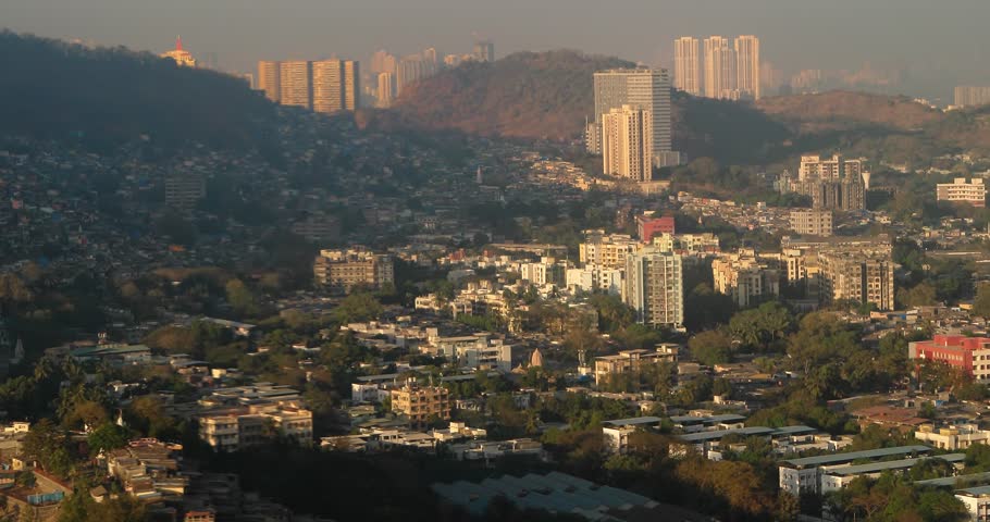 Barve Nagar, Ghatkopar West, Mumbai, Maharashtra, India. Mumbai Metropolitan Region. Aerial View From Airplane Window On View of the Mumbai suburb district. Evening morning sunset sunrise light