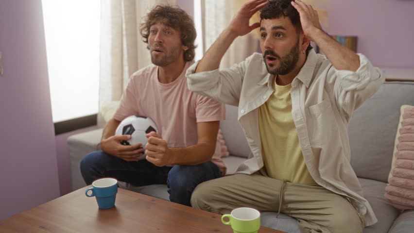 Men celebrating with a soccer ball at home in a cozy living room setting, showing excitement and joy together