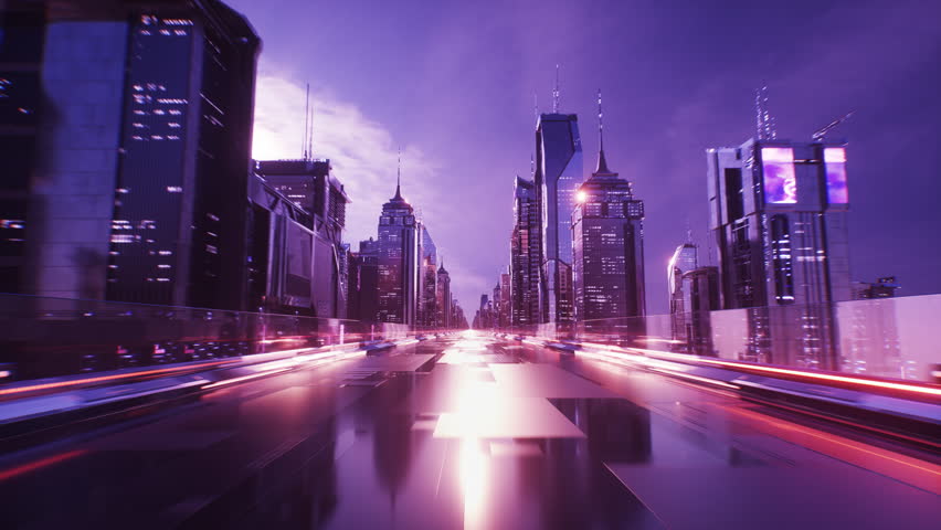 This Stock Motion Graphics video shows a Futuristic City with Skyscrapers and Road Sci-Fi Cinematic Background on a seamless loop