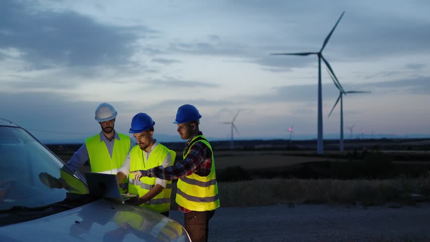 Engineers teamwork people working on laptop computer discussing renewable energy project at wind turbine farm