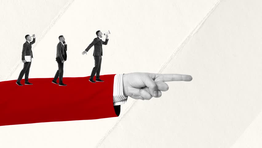 Stop motion, animation. Young men, businessman moving forward on hand showing direction. Manipulation. Concept of politics, social issues, human rights, propaganda, voting system