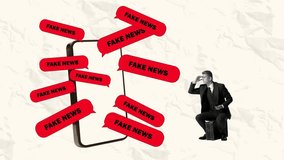 Stop motion, animation. Young man looking on smartphone filled with fake news. Disinformation of society. Concept of creativity, mass media influence, information, news, manipulation - Powered by Shutterstock - Get 15% off with code: PIKWIZARD15