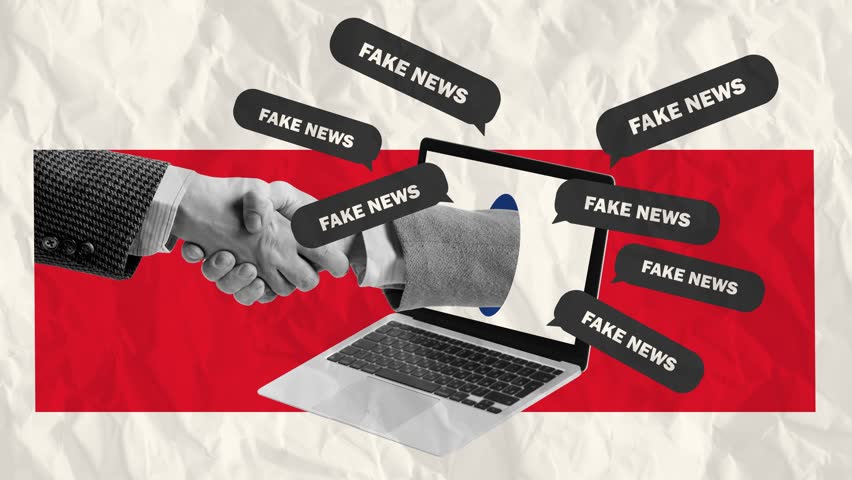 Stop motion, animation. Male shaking hands sticking out laptop screen. Spreading fake information. Lie. Concept of creativity, mass media influence, information, fake news, propaganda