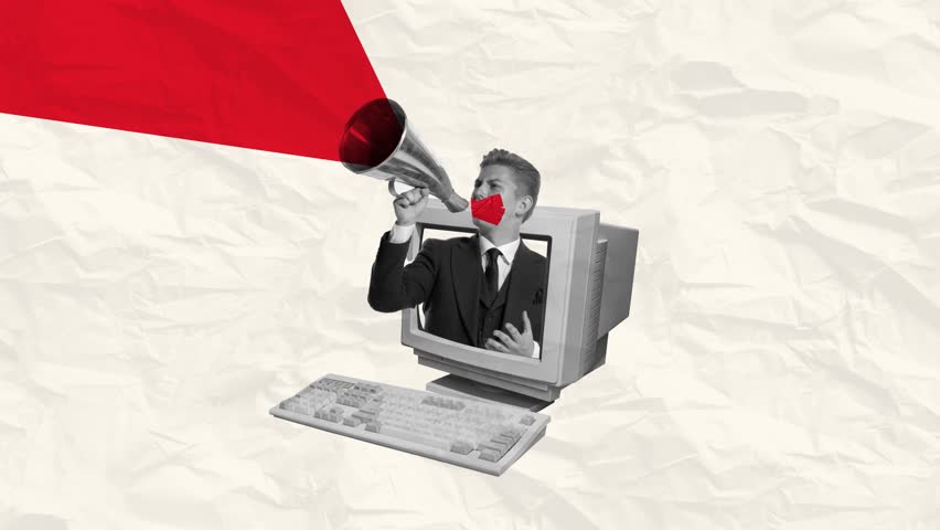 Stop motion, animation. Man with sealed mouth shouting in megaphone sticking out computer monitor. Propaganda. Concept of creativity, mass media influence, information, fake news.