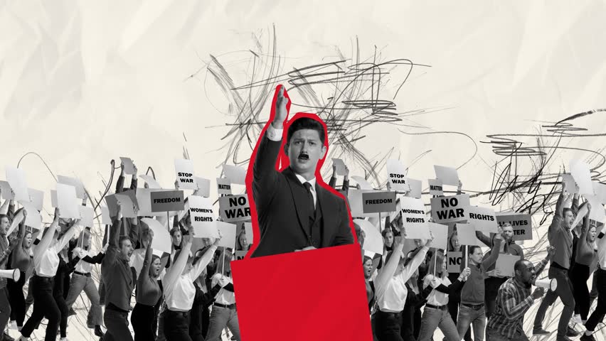 Stop motion, animation. Man, politician starting war against another country. People showing protest behind tribune. Concept of politics, social issues, human rights, propaganda, terror, history