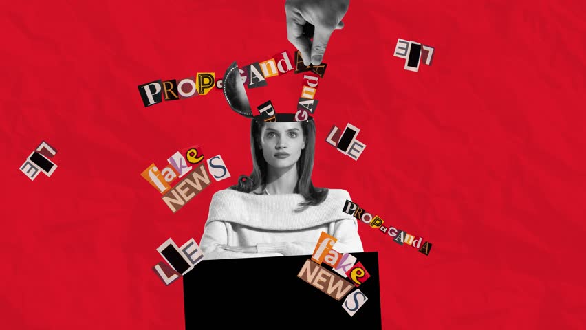 Stop motion, animation. Human hand putting fakes, lie into beautiful woman's head. Manipulation of society. Concept of creativity, mass media influence, information, news, politics, lie