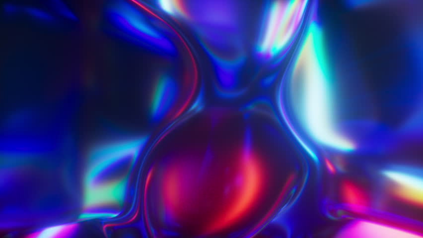 This stock motion graphics video shows a glossy holographic and iridescent colorful gradient liquid flowing shapes background with futuristic design in a seamless loop