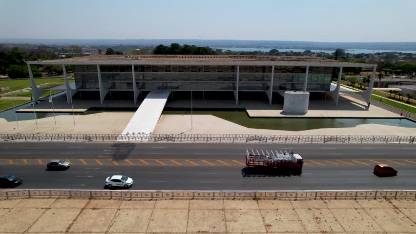 Aerial Cityscape At Brasilia Federal District Brazil. Futuristic Skyscraper Is Towering Over The Downtown City. Metropole Landscape High Rise Building Beautiful. High Rise Building.