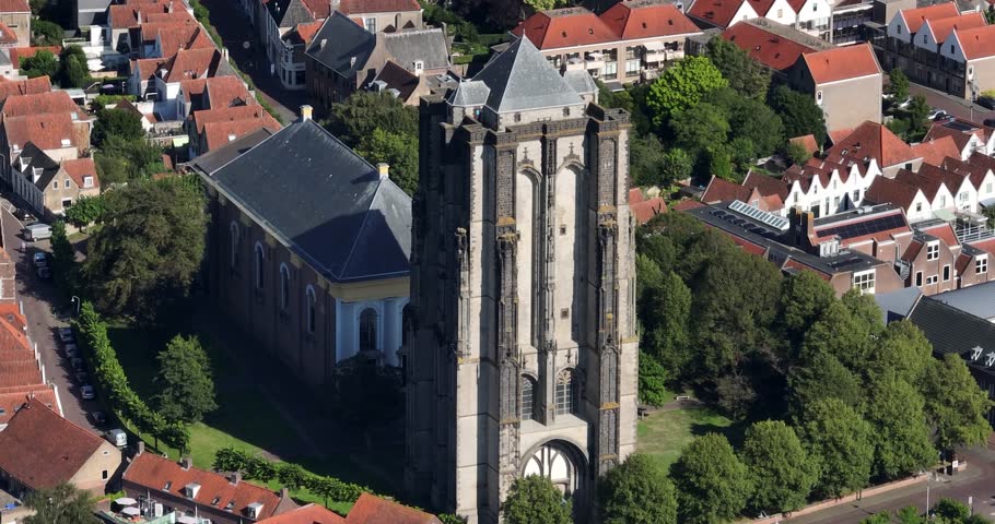 Aerial video of the Zierikzee, Zeeland, Sint Lievensmonstertoren and Nieuwe Kerk.
