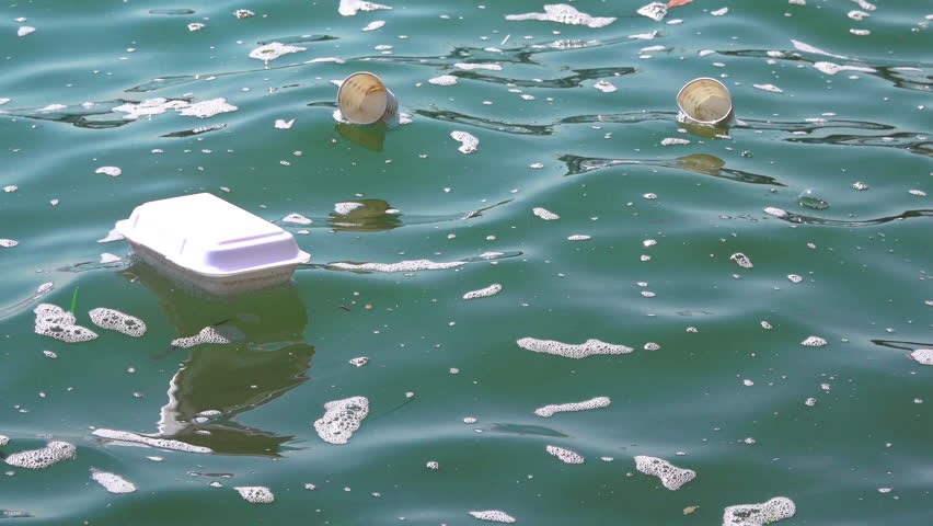 Plastic Cups and Styrofoam Food Container Garbage Thrown into Sea Water Footage.