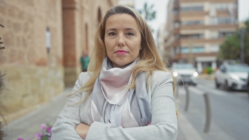 Confident caucasian adult woman posing with crossed arms on a busy urban street.
