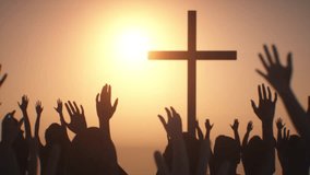 the silhouette of a Christian cross with the image of a worship praying people hands render 3d  - Powered by Shutterstock - Get 15% off with code: PIKWIZARD15