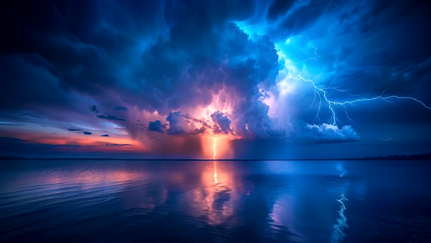 Lightning Strike Over Lake. thunderstorm