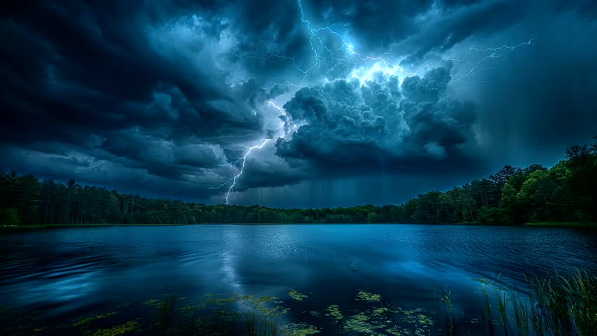 Lightning Strike Over Lake. thunderstorm