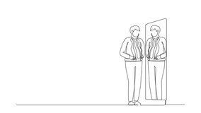 Animated self drawing of continuous one line draw businessman standing in front of mirror, see himself getting big belly with holding stomach. Oversized and obesity. Full length single line animation - Powered by Shutterstock - Get 15% off with code: PIKWIZARD15