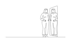 Animated self drawing of continuous line draw Arabian businessman standing in front of mirror, see himself getting big belly with holding stomach. Oversized and obesity. Full length one line animation - Powered by Shutterstock - Get 15% off with code: PIKWIZARD15