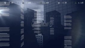 Graphs and icons representing data analytics animation over cityscape background. technology, infographics, statistics, visualization, charts, futuristic - Powered by Shutterstock - Get 15% off with code: PIKWIZARD15