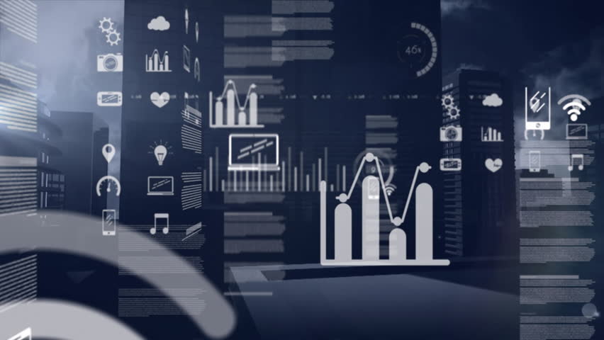 Graphs and icons representing data analytics animation over cityscape background. technology, infographics, statistics, visualization, charts, futuristic - Powered by Shutterstock - Get 15% off with code: PIKWIZARD15