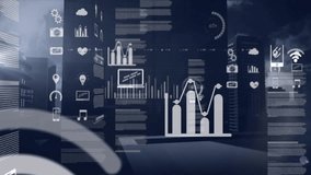 Graphs and icons representing data analytics animation over cityscape background. technology, infographics, statistics, visualization, charts, futuristic - Powered by Shutterstock - Get 15% off with code: PIKWIZARD15