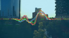 Financial data graph animation over cityscape with modern buildings and park. Finance, economy, investment, urban, skyline, growth - Powered by Shutterstock - Get 15% off with code: PIKWIZARD15