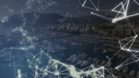 Network connections and coding animation over marina with boats and buildings. Technology, digital, waterfront, cityscape, infrastructure, maritime - Powered by Shutterstock - Get 15% off with code: PIKWIZARD15