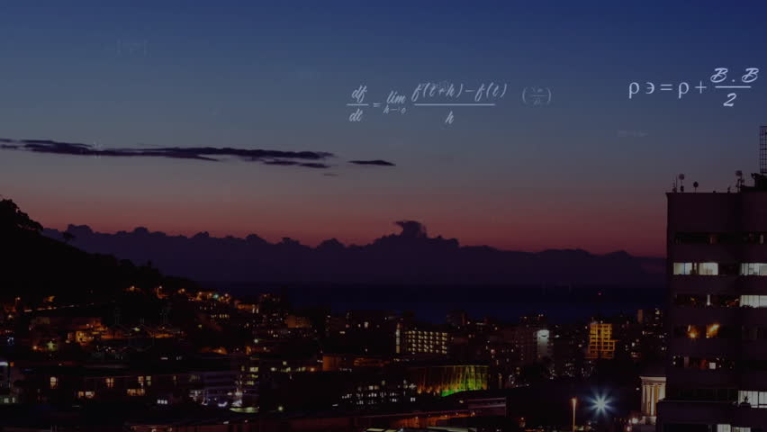 Mathematical equations and scientific symbols animation over cityscape at dusk. Science, mathematics, technology, innovation, futuristic, urban - Powered by Shutterstock - Get 15% off with code: PIKWIZARD15