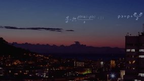 Mathematical equations and scientific symbols animation over cityscape at dusk. Science, mathematics, technology, innovation, futuristic, urban - Powered by Shutterstock - Get 15% off with code: PIKWIZARD15