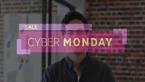 Animation of cyber monday sale text over biracial businessman smiling. Business, technology and digital interface concept digitally generated video. - Powered by Shutterstock - Get 15% off with code: PIKWIZARD15