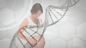 Animation of data processing and dna strand over pregnant caucasian woman wearing stethoscope. Lifestyle, life and digital interface concept digitally generated video. - Powered by Shutterstock - Get 15% off with code: PIKWIZARD15