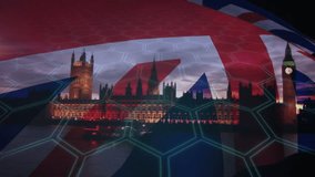 Animation of flag of uk over cityscape. Global business and digital interface concept digitally generated video. - Powered by Shutterstock - Get 15% off with code: PIKWIZARD15