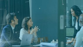Animation of data processing and diagrams over diverse colleagues discussing work in office. Global business and digital interface concept digitally generated video. - Powered by Shutterstock - Get 15% off with code: PIKWIZARD15