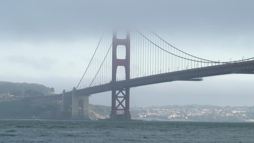 Slow panning right to left view of the Golden Gate Bridge.