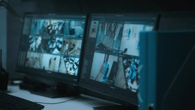 CCTV video footage from the office security cameras with face scanning system displayed on computer monitors in dim modern monitoring service center. Workplace for surveillance operator or dispatch. - Powered by Shutterstock - Get 15% off with code: PIKWIZARD15