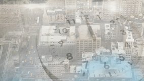 Clock face animation over aerial view of city buildings and streets. Time, cityscape, urban, technology, downtown, skyline - Powered by Shutterstock - Get 15% off with code: PIKWIZARD15